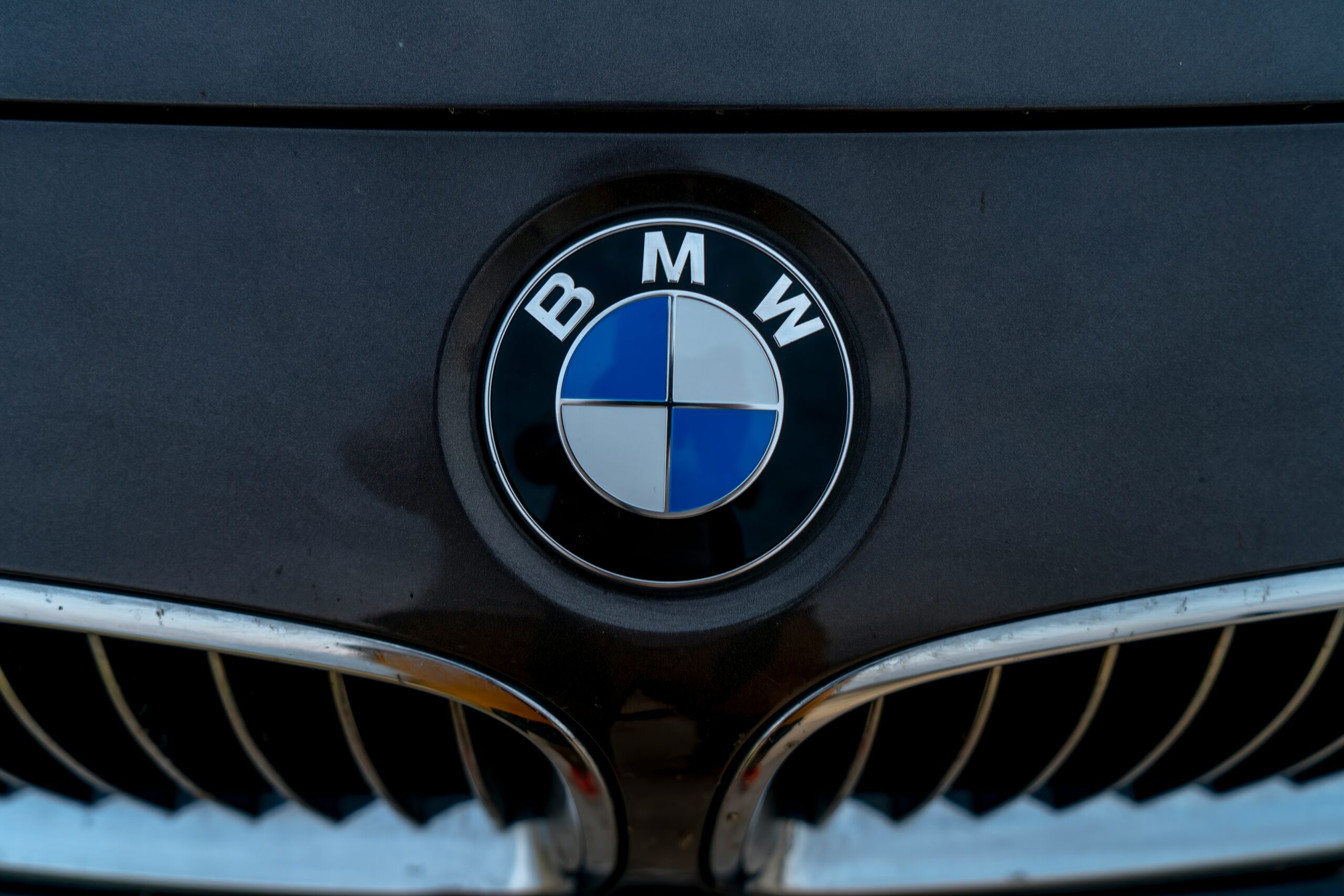 Nærbillede af BMW-logo på bilens front.